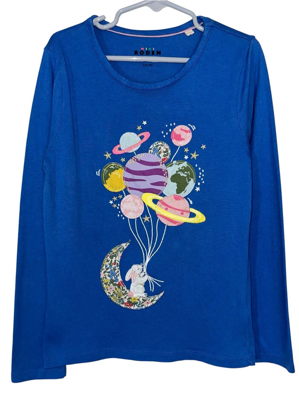 Mini Boden Girls Blue Space Balloon Applique Cotton Long Sleeve T-Shirt 7-8Y